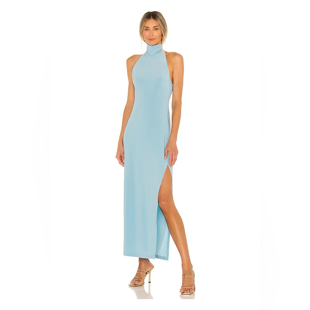 Norma Kamali Halter Turtle Side Slit Gown in Powder Blue, size S